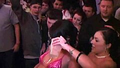 Two amateur brunettes strip and tease in public at college party