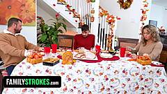 Redhead stepsisters Arietta Adams and Cherry Fae share a lucky guy after Thanksgiving lunch